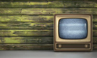 Wall Mural - Retro tv receiver on dirty wood wall background 3d illustration