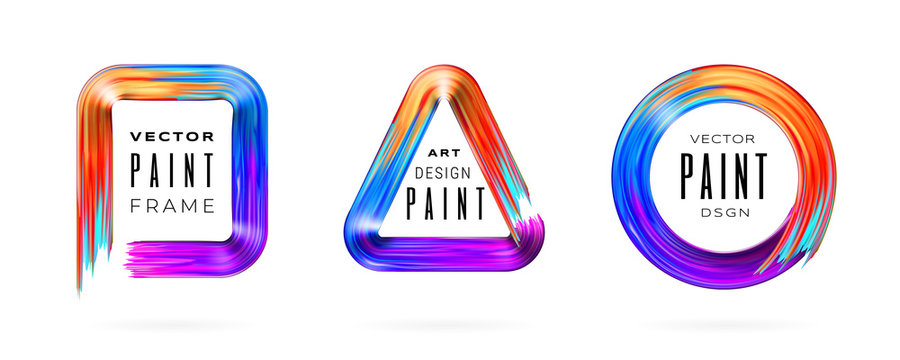 Set of isolated paint brushstroke frames with text. Geometric borders painted with brush strokes. Rectangle, triangle and circle paint smears. Background design for advertising, banner, flyer, poster