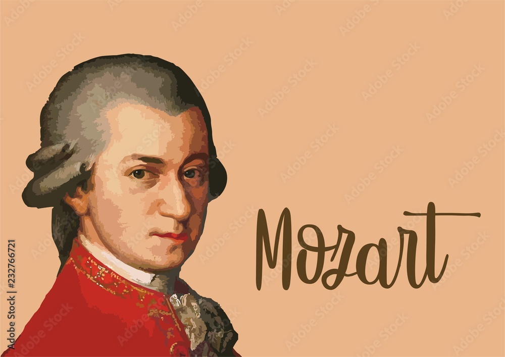 Great composers - portrait of Wolfgang Amadeus Mozart with vector signature - obrazy, fototapety, plakaty 