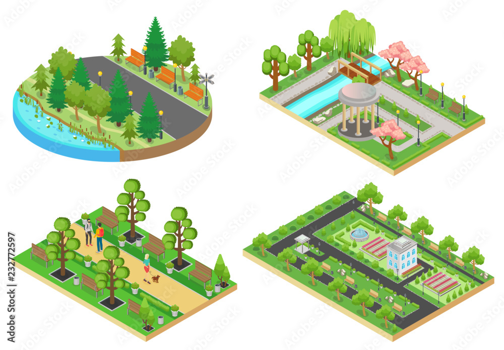3d Isometric cartoon style green city public park concepts set vector ...