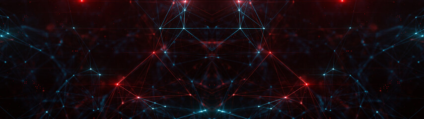 Poster - abstract ultra wide plexus structure of many glowing lines and particles. orange blurred background 