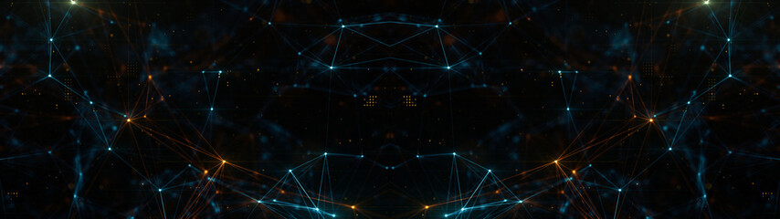 Fototapete - Abstract ultra wide plexus structure of many glowing lines and particles. Orange blurred background with digital composition and optical flares. 3d rendering	