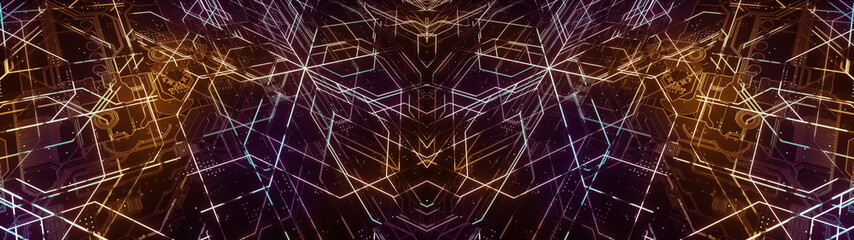 Poster - digital electronic circuit board. abstract ultra wide structure of many glowing lines and geometric 