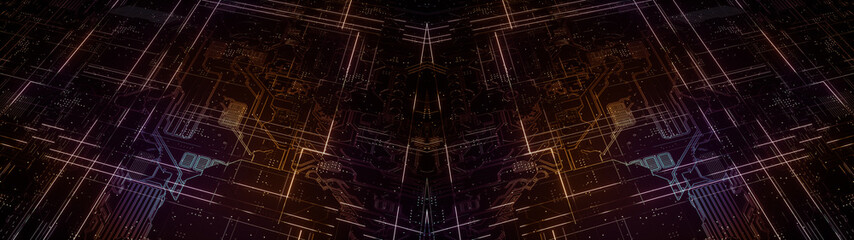 Poster - digital electronic circuit board. abstract ultra wide structure of many glowing lines and geometric 