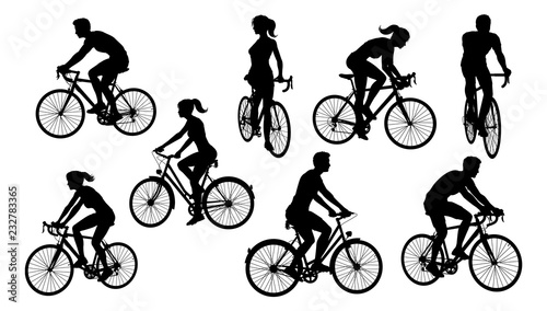 Obraz Dibond Zestaw rowerzystów jeżdżących na rowerach w sylwetce