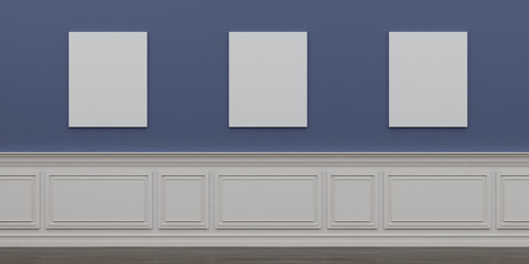 Poster - Stimulate image of empty room interior and laminate wood floor with white blank pictures frame on the blue wall,Perspective of minimal design architecture,classic interior style. 3D rendering.