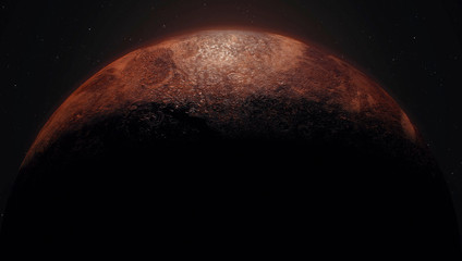 Wall Mural - mars, sunrise over planet mars, dark side of the red planet with shading. stars, space, dark atmosph