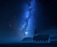 Milky Way Over Small Church On The Beach, Iceland