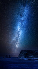 milky way over black sand beach at night, iceland