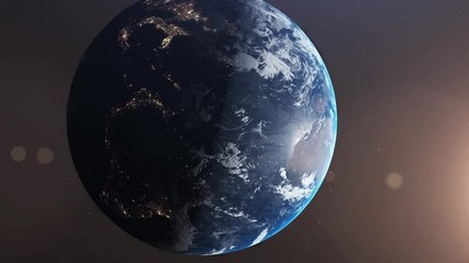 Wall Mural - Planet Earth with aurora in night time rendering. The world is rotating on space, sunlight above. Shading day to night 3D rendering.