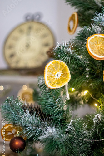 Christmas Or New Year Interior Closeup Xmas Tree Decorated With