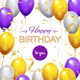Fototapeta  - Greeting card with balloons. Happy birthday shining flying helium balloon and golden shiny confetti for greetings cards vector template