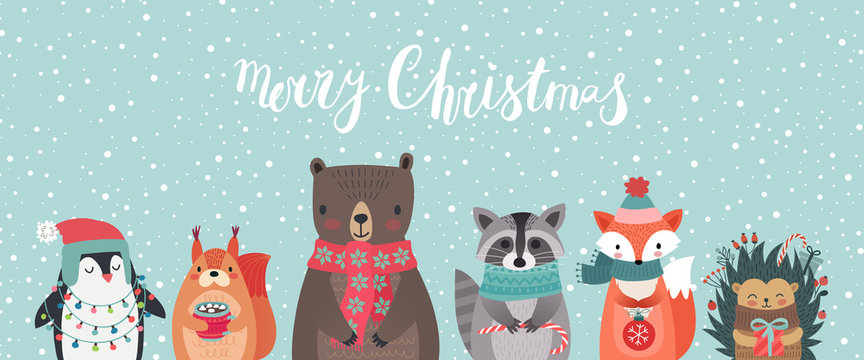 Fototapete - Christmas card with animals, hand drawn style.