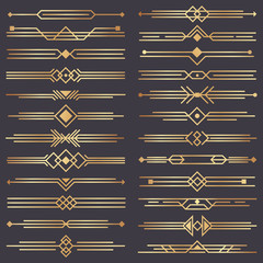 Poster - Art deco divider. Gold retro arts border, 1920s decorative ornaments and golden dividers borders vector design set