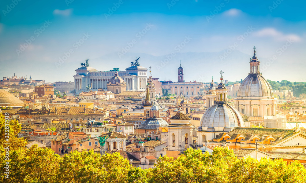 view of skyline of Rome city at day, Italy, retro toned - obrazy, fototapety, plakaty 