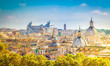 view of skyline of Rome city at day, Italy, retro toned