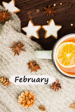 Fototapeta Panele - Winter theme. Hot tea with spices,orange,cinnamon,anise,cookies