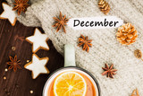 Fototapeta Panele - Winter theme. Hot tea with spices,orange,cinnamon,anise,cookies