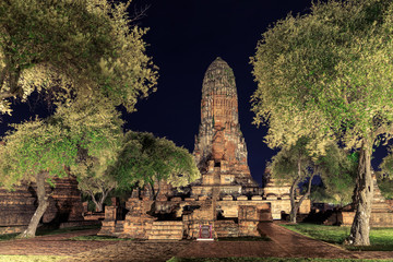 Wat Phra Ram temple light up at night Ayutthaya