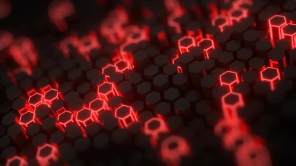 Wall Mural - Futuristic red honeycomb structure. Abstract computer graphics. 3D render with DOF seamless loop animation 4k UHD 3840x2160
