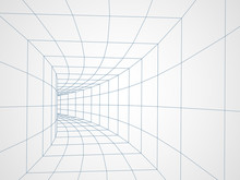 Digital 3d Wireframe Tunnel. Vector Abstract Background.