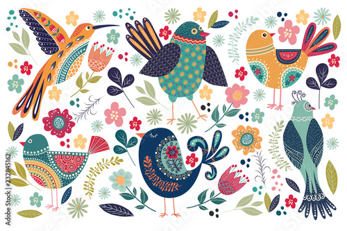 Fotografía Big collection with cute birds and flowers