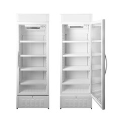 Set with empty commercial refrigerator on white background
