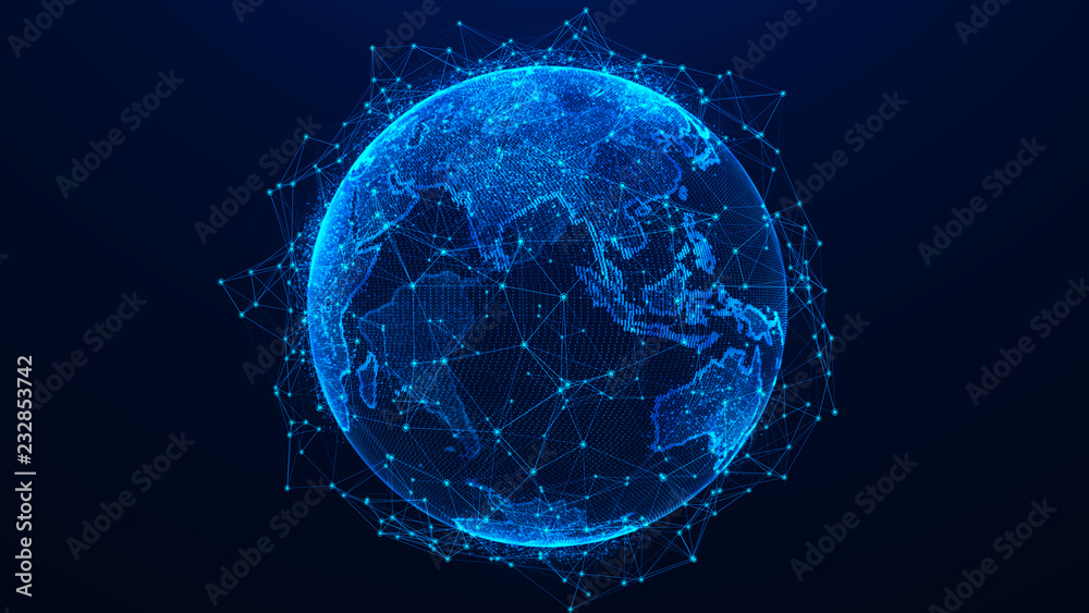 Global network concept. World map point. Global network planet Earth. 3D rendering. - obrazy, fototapety, plakaty 