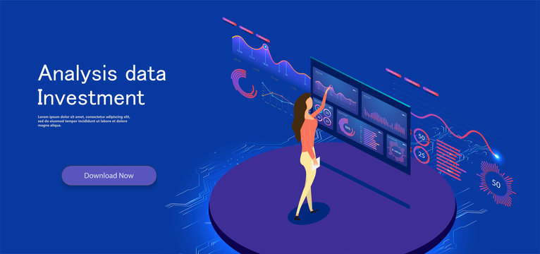 	 Flat design concept business strategy. 3d isometric flat design. Analysis data and Investment. Business success.Financial review with laptop and infographic elements.