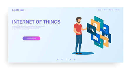 Poster - internet of things (iot) and networking concept for connected devices. the man involves in 