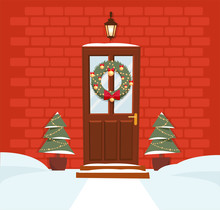 Christmas Brown Door With Wreath, Snow And Firs On Background Of A Dark Red Brick Wall. Forged Lantern Above The Door Shines. The Path To The Entrance Cleared. Flat Cartoon Style Vector Illustration.