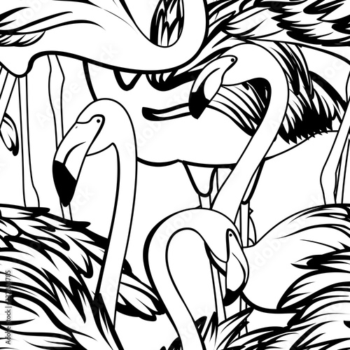 Fotografía Black and white flamingos seamless pattern