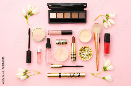 Fotografía Professional decorative cosmetics, make-up tools and accessory on pink background