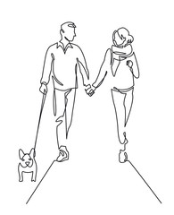 Sticker - Young couple walking dog continuous one line vector drawing