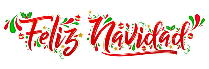 Sticker - Feliz Navidad, Merry Christmas spanish text holiday lettering vector illustration