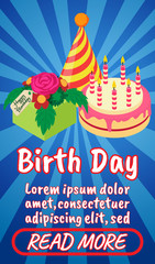 Poster - Birth day concept banner. Isometric banner of birth day comics vector concept for web, giftcard and postcard