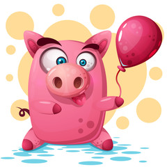 Wall Mural - Cute pig illustration with balloon. Symbol of the year 2019. Vector eps 10