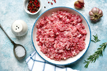 Wall Mural - Minced meat in a bowl with spices.Top view with copy space.