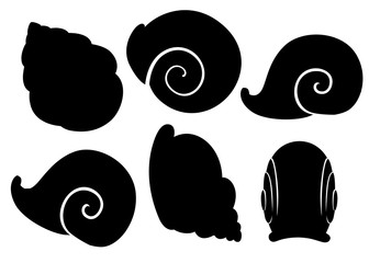 Wall Mural - Black silhouette. Colorful set of snails shells. Different shapes. Archaeological finds. Flat vector illustration isolated on white background