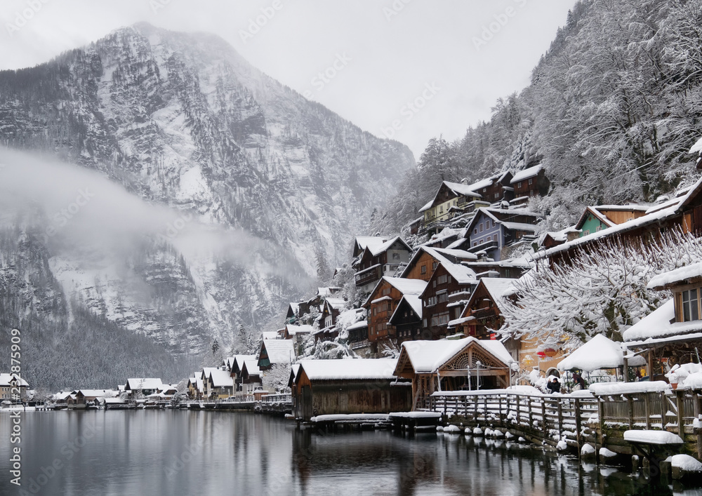 Hallstat village in the Austria. Beautiful village in the mountain valley near lake. Natural winter landsape in Austria - obrazy, fototapety, plakaty 