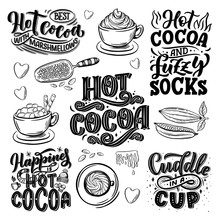 Hot Cocoa Hand Lettering Set With Cup Of Cocoa, Marshmallows. Hand Drawn Christmas Signs For Cafe, Bar And Restaurant