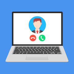 Poster - Video call. Incoming call on laptop screen. VoIP technology concepts. Modern flat design. Vector illustration
