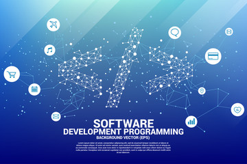Fototapete - Vector Polygon software development programming tag  with dot connect line and functional utility icon. Concept for Programming language technology and coding.