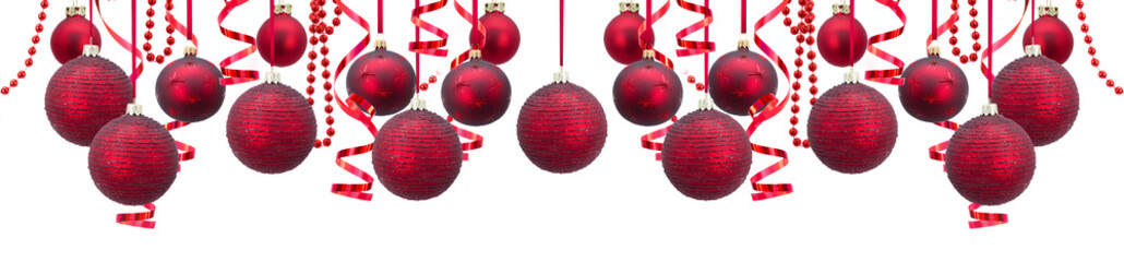 Canvas Print - Row of red and golden christmas balls with garlands wide banner isolated over white background