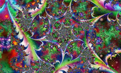 Poster - Abstract floral pattern. Star spiral. Bright colors and sparkling texture. Digital artwork. Fractal graphics.