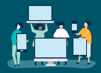 Wall Mural - character illustration of people with different digital devices