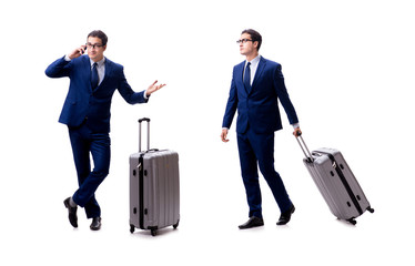 Young businessman with suitcase isolated on white background