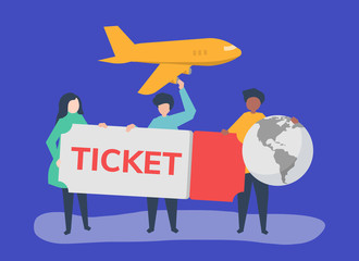 Sticker - People holding a flight ticket travel related icons