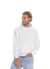 Wall Mural - Portrait of man in hoodie sweater on white background. Space for design