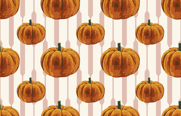Wall Mural - Printable seamless vintage autumn repeat pattern background with pumpkins. Botanical wallpaper, raster illustration in super High resolution.